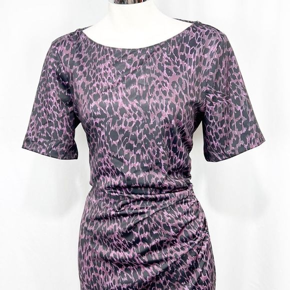 Elie Tahari Raveena Ruched Sheath Dress Aubergine Purple & Black Leopard Print 8 - Picture 6 of 13